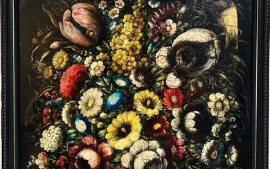 Classical Still Life Flowers in Glass Bowl, Old Master Style oil on canvas