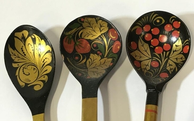 Collection 5 Lacquered Russian Wooden Spoons