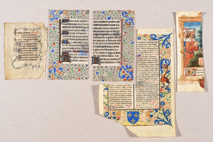 Collection of 7 fragments of illustrated manuscripts. 14th-16th c Various sizes, on vellum, in Latin,...
