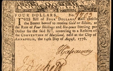 Colonial Currency MD, August 1776 Four Dollars EF