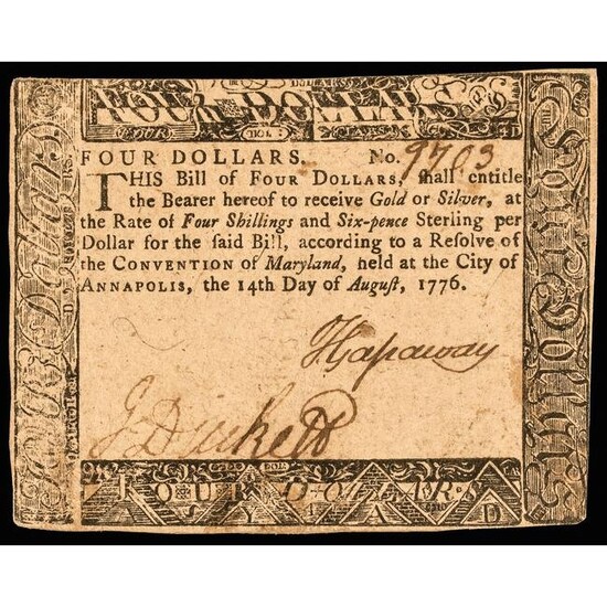Colonial Currency MD, August 1776 Four Dollars EF
