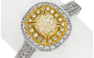 Colored Diamond, Diamond, Gold Ring Stones: Cushion-shaped yellow diamond...