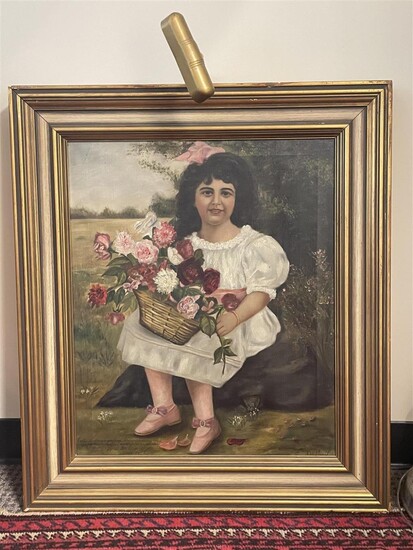 Continental School, 20th Century, Young Woman with Flower Basket, Framed with Picture Lamp, Oil on Canvas, 30-3/8 x 26-3/8 inches