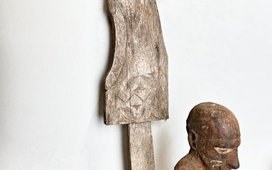 Convolut of three tribal art objects - Part of a canoe decoration, elephant mask and Asmat figure - West Papua (New Guinea) and Indonesia (No Reserve Price)