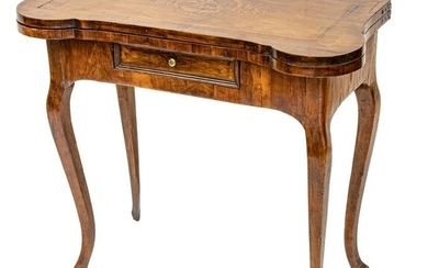 Country French Inlaid Walnut Console Table, H 30”, W 33.75”, D 17”