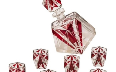 Crystal Art Deco Red & Clear Decanter & Glass SET