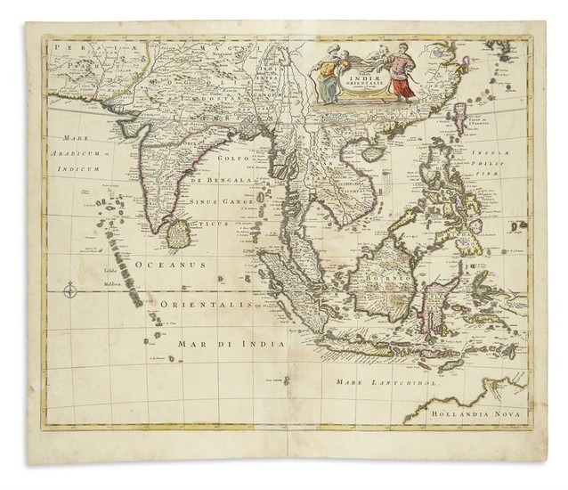 DE WIT, FREDERICK. Tabula Indiae Orientalis. Double-page engraved map of India, Southeast Asia,...