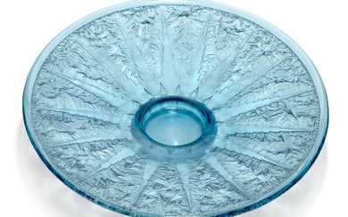 Daum (French Est. 1879), an Art Deco etched glass centrepiece of pale blue, c.1930, engraved on the foot rim 'Daum Nancy France' with the Cross of Lorraine, The broad rim decorated on the underside with 'icy' acid etched panels, on a circular foot...