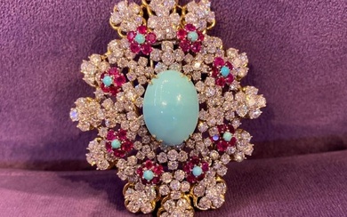 David Webb Turquoise and Ruby Brooch