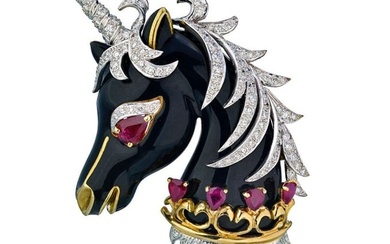 David Webb Unicorn Platinum & 18K Yellow Gold Unicorn Black Enamel Ruby Diamonds Brooch