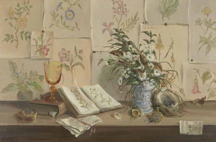 Deborah Jones, British 1921-2012 - Still Life with Flower Prints and Amber Goblet, 1975; oil on canvas, signed and dated lower right 'Deborah James MCMLXXV', 50.8 x 76.1 cm (ARR) Note: with label affixed to the reverse, no.A5019