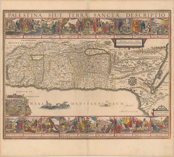 Decorative Map Featuring 18 Biblical Scenes, "Palestina, sive Terrae Sanctae Descriptio", Jansson, Jan