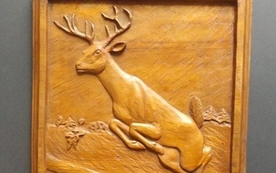 Deer wood carved relief 1936 signed Folk Art