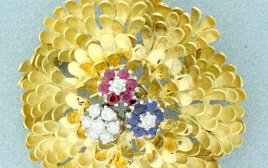 Designer Ruby, Sapphire and Diamond Flower Pin in 18K Yellow Gold