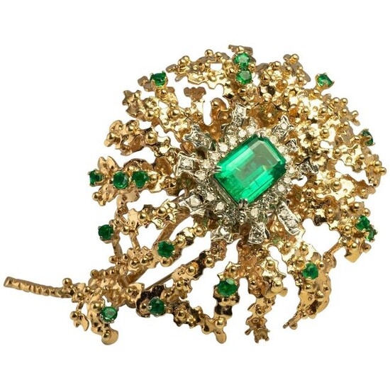 Diamond Emerald Brooch Floral Pendant 14K Gold