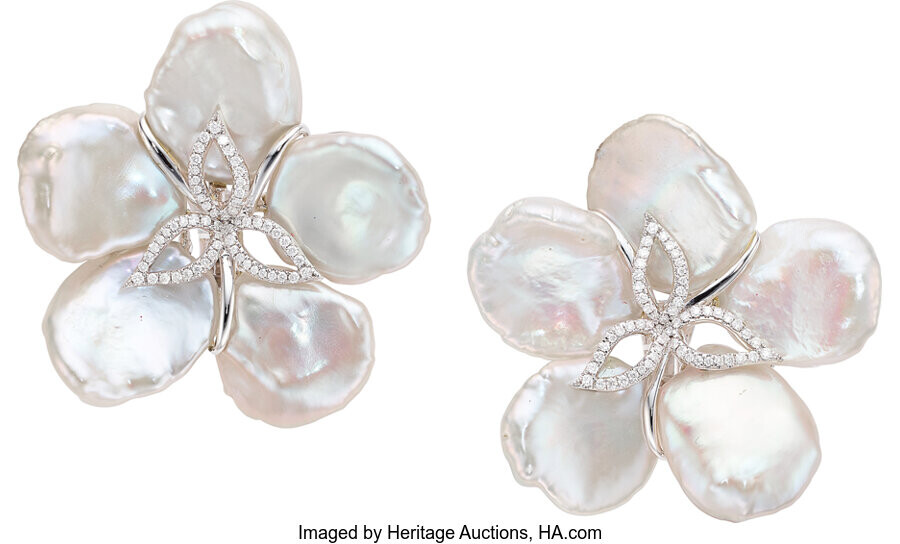Diamond, Freshwater Cultured Pearl, White Gold Earrings Stones: Full-cut...