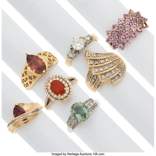 Diamond, Multi-Stone, Gold Rings The lot includes seven rings:...
