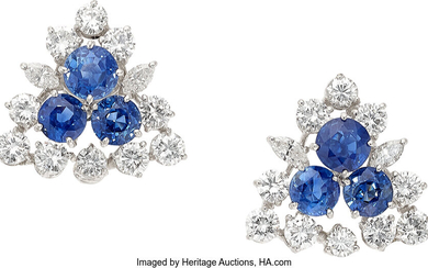 Diamond, Sapphire, Platinum Earrings Stones: Full and marquise-cut diamonds...