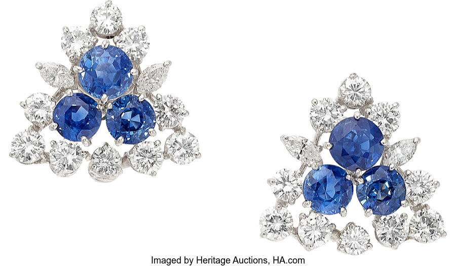Diamond, Sapphire, Platinum Earrings Stones: Full and marquise-cut diamonds...