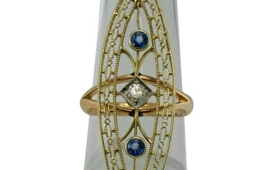 Diamond Sapphire Ring 14K Gold Shield Vintage Estate