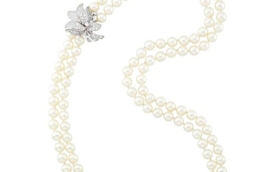 Double Strand Cultured Pearl Necklace with Silver and Diamond Clasp