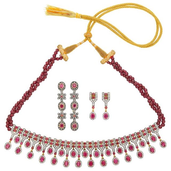 Double Strand Garnet Bead, Gold, Silver, Ruby and Diamond Necklace with Cord and Two Pairs of Pendant-Earrings
