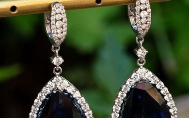 Drop Pear Sapphire Diamond Earrings - 14 kt. White gold - Earrings - 24.00 ct Sapphire - 1.31 ct natural diamond D VVS