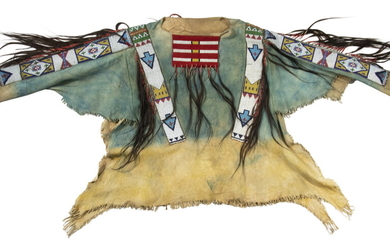 EARLY 20TH C. WAR SHIRT WITH APPLIED SALVAGED 19TH C. APPLIQUES