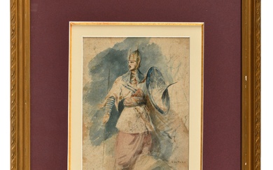 ECOLE FRANCAISE du XIXè siècle Guerrier oriental Aquarelle 27,8 x 19,7 cm Porte une inscription...