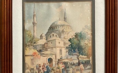 ECOLE ORIENTALISTE Istambul, le marché Aquarelle 44 x 29.5 cm (traces d'humidité)