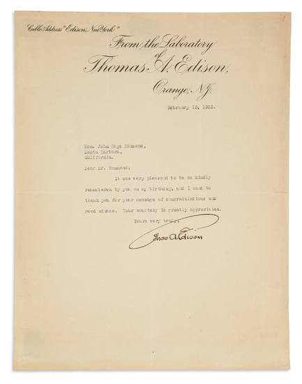 EDISON, THOMAS A. Brief Typed Letter Signed, to John Hays Hammond: "It was...