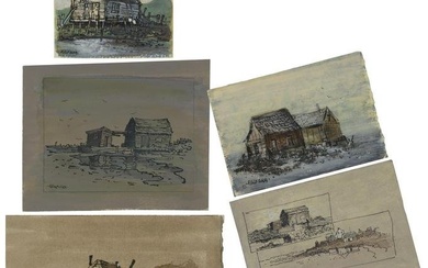 ELLIOT ORR (Massachusetts/Florida, 1904-1997), Five original works depicting seaside cottages., Pen