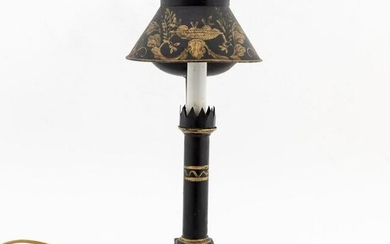 ENGLISH RUMFORD TYPE BLACK AND GILT TOLE LAMP
