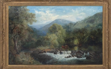 ENGLISH SCHOOL, 19th Century, Cattle grazing in a mountainous landscape., Oil on canvas, 29" x 45". Framed 37" x 52".