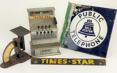 Early 20th Century Tin Advertising, Scale and Cash