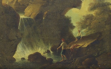 Ecole française vers 1800, suiveur de Claude Joseph Vernet (1714-1789), Pêcheurs sur une côte rocheuse