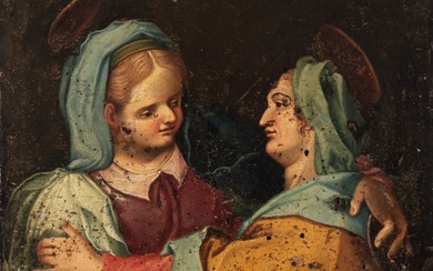 École italienne du XVIIe siècle. La Visitation. Huile sur panneau. Vallicella, Rome. 27 x 19...