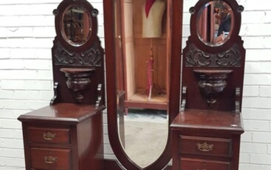 Edwardian Pine Cheval Dressing Chest, with elongated shield shaped mirror, flanked by tall pedestals with oval mirrors, small shelve...