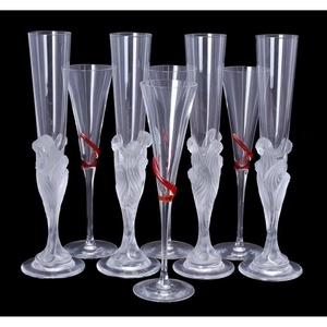 Erté for Lalique, Cristal Lalique, Majestique, a set of four clear and frosted glass champagne flutes