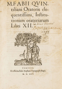 Estienne.- Quintilianus (Marcus Fabius) Institutionum Oratoriarum Libri XII., Paris, Robert Estienne, 1542.