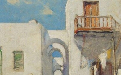 European School, late-20th century- Woman hanging washing in a street, and Figures by a coastline; oils on board, two, both indistinctly signed, 39.5 x 31.5 and 32 x 45 cm. Provenance: An important Private Collection, UK.