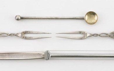 FOUR PIECES OF STERLING SILVER FLATWARE 1-2) Two Tiffany & Co. "Berry" strawberry forks. 3) Georg Jensen "Cypress" cheese cutter. 4)...