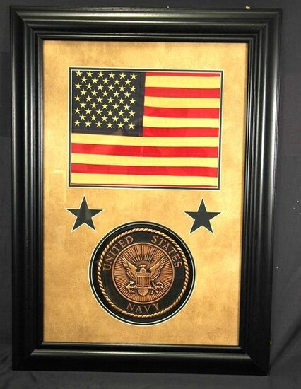 FRAMED AMERICAN FLAG WITH US NAVY CREST