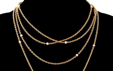 FRENCH 18K YELLOW GOLD & PEARL LONG CHAIN NECKLACE
