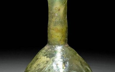 Fine 10th C. Islamic Green Glass Jar w/ Molded Motifs