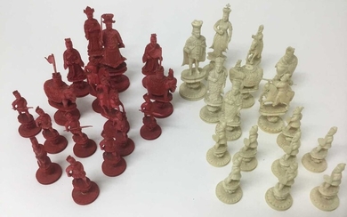 Fine 19th century carved and red stained ivory chess set