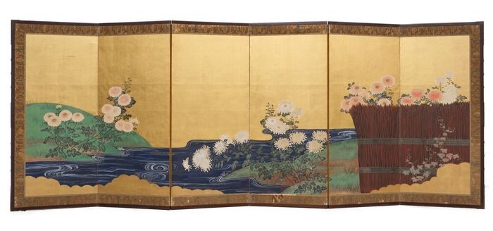 Folding Screen River and Flowers Scenery - Byobu - Room Divider Late Edo - Meiji Period - 6 panels