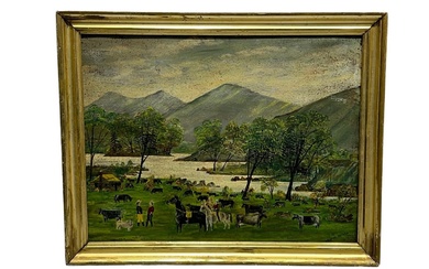 Folk Art Oil on Tin - Cows By The River...