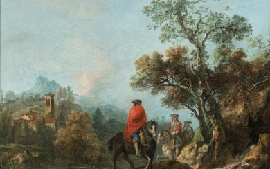 Francesco Zuccarelli (1702 - 1788) - River landscape with knights and medieval village.