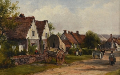 Frederick Waters Watts (British 1800-1862) , Cart outside a country cottage, village scene beyond